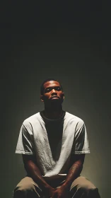 Moody low key portrait of man in spotlight on dark stage.