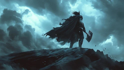 Stormlit warrior pauses on a windswept cliff of legends.