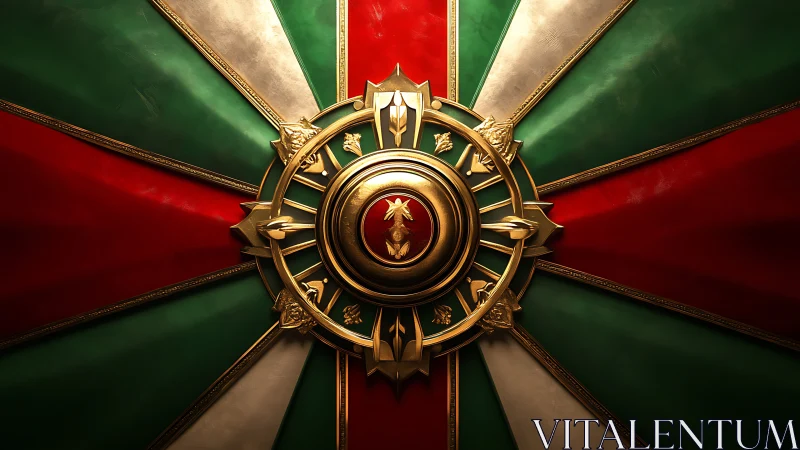 Regal gold emblem over red, white, green heraldic banner.
