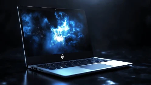 HP laptop displays luminous blue nebula on dark surface