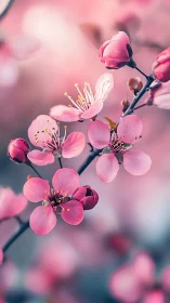 Pink flowering branch with botanical buds and open blooms.