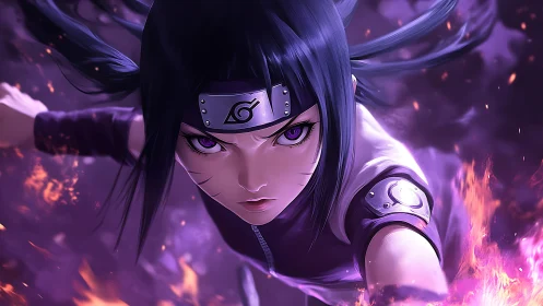 Storm-eyed kunoichi slices through violet embers in flight