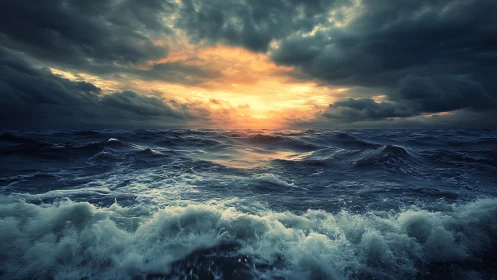 Turbulent mid‑ocean waves under storm‑pierced sunset horizon.