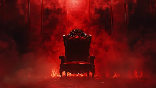 Ornate crimson throne stands in dense infernal smoke