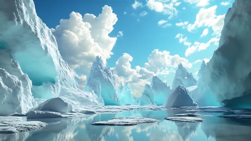 Sunlit ice spires reflecting over a glassy polar lagoon.