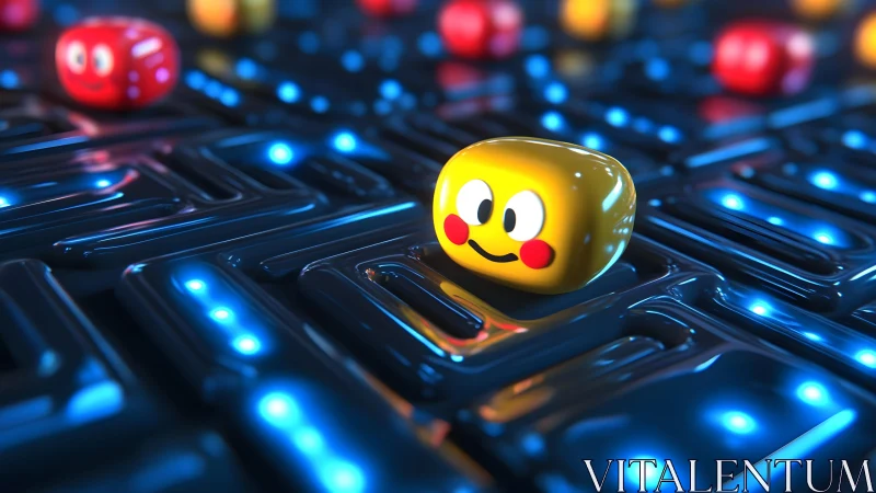 Cute yellow character in neon maze, retro video game 3D style.