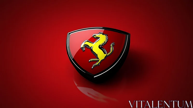 Prancing horse shield emblem on red reflective background.