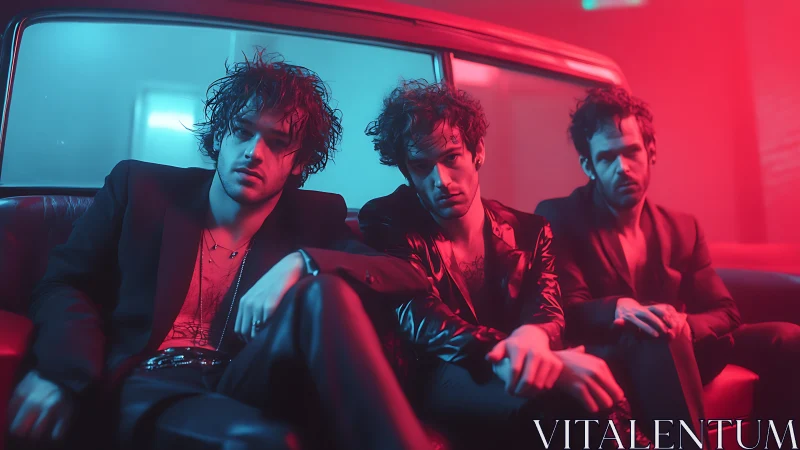 Trio of men sit in neon car interior with moody lighting