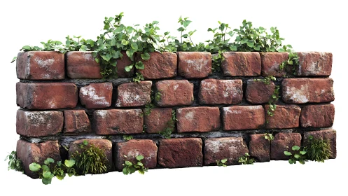 Weathered brick garden wall with creeping green foliage.