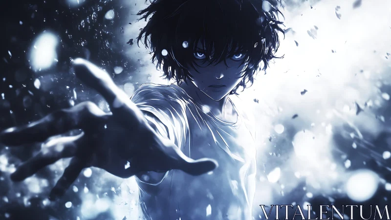 Defiant anime hero unleashes power in a storm of light