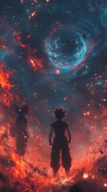 Two spiky-haired figures observe a luminous cosmic vortex