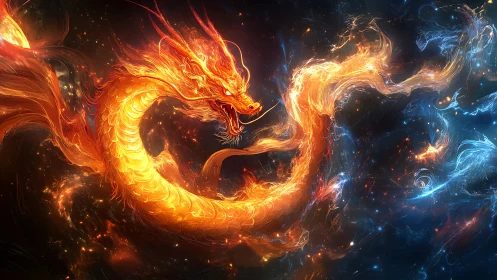 Fiery cosmic dragon swirling through glowing starlit clouds.