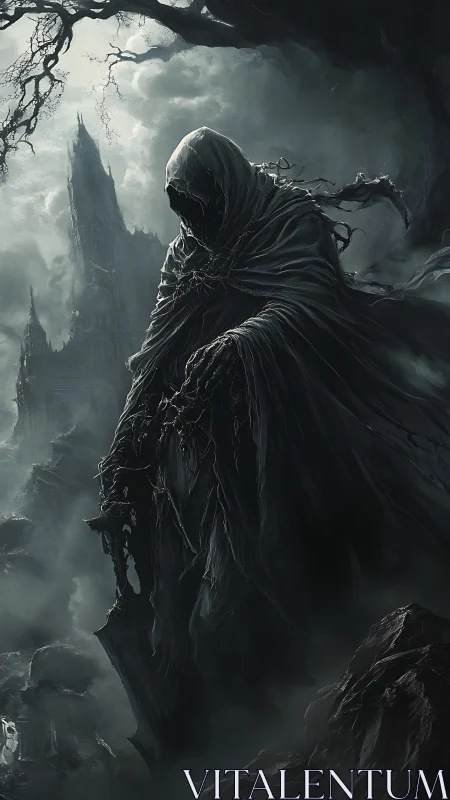 Hooded wraith amid ruins in dark misty landscape.