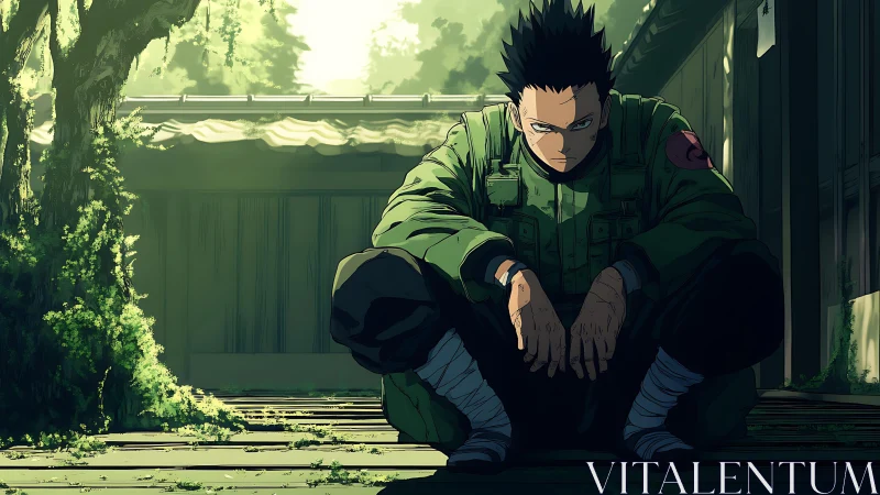 Stoic soldier crouches on sunlit wooden porch edge