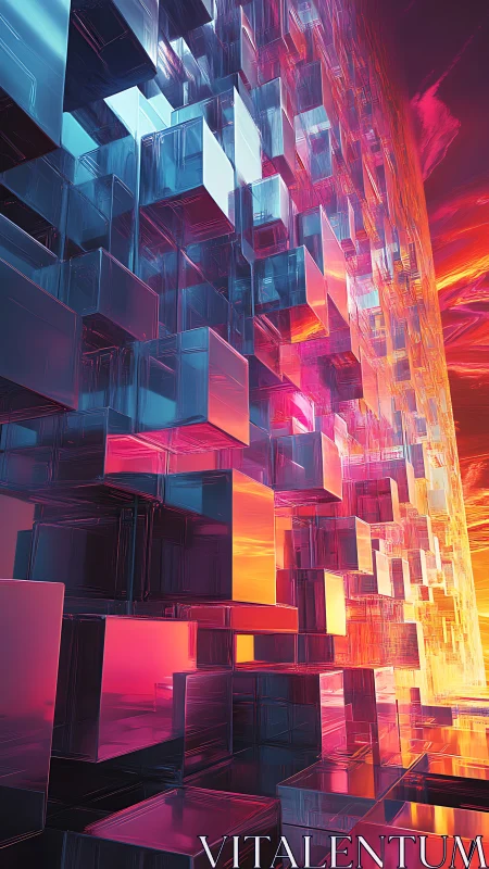 Glass data cubes rise through neon sunset gradients.