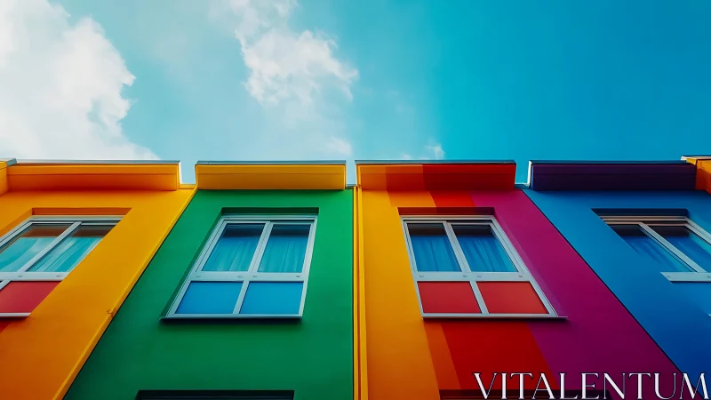 Colorful residential facade with windows under clear sky.