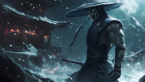 Cybernetic ronin in blizzard-lit temple courtyard, tactical stance.