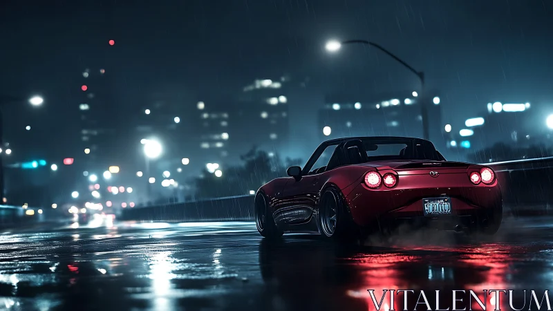 Red sports car on wet city street at night in rain.