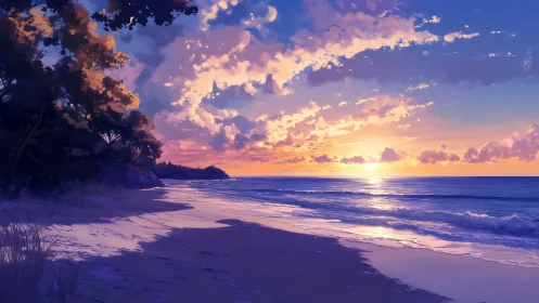 Serene digital seascape with glowing sunset horizon.