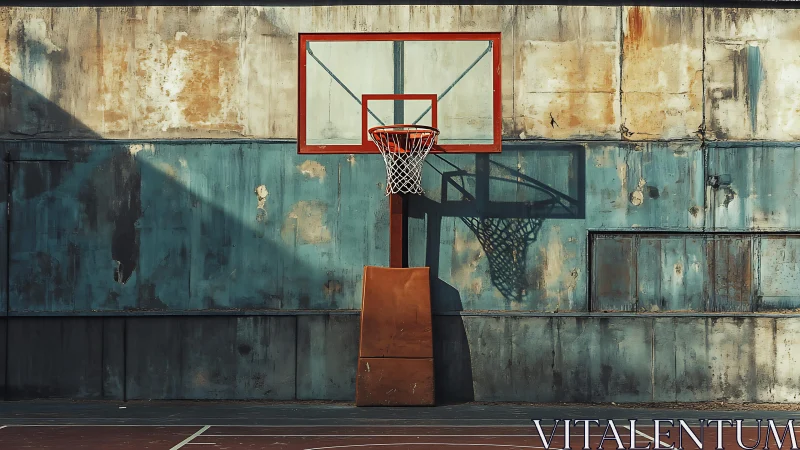 Weathered urban hoop waiting for one more pickup game.