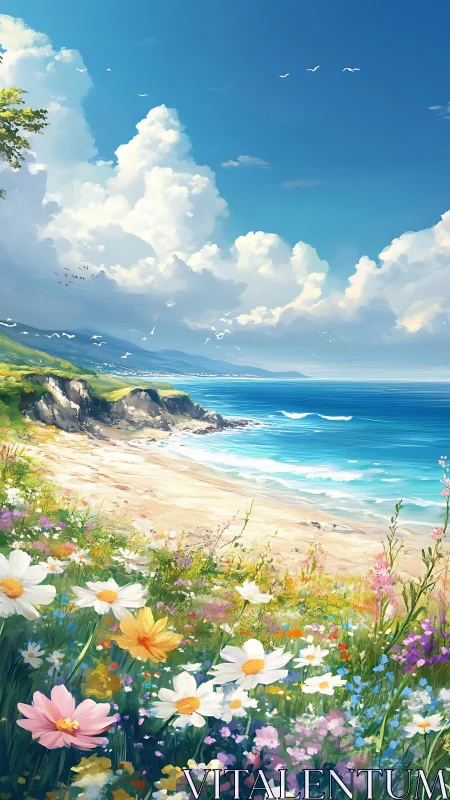 Sunlit coastal meadow with wildflowers and rolling surf.