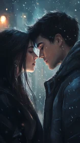 Intimate Winter Portrait: Digital Painting of Two Figures in Snowfall.