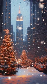 Snowy city avenue with glowing Christmas trees at dusk.