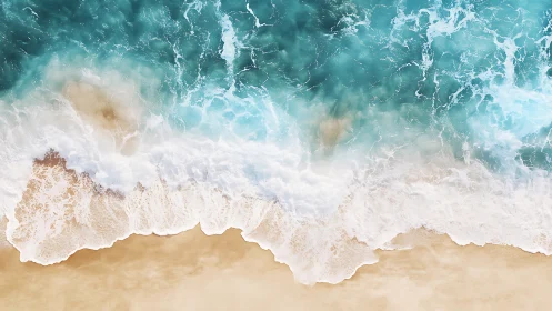 Overhead shoreline with foamy turquoise waves meeting sand.