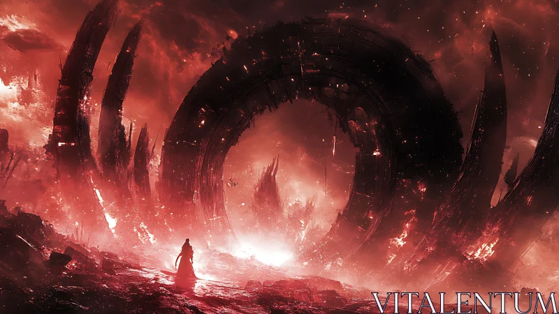 Solitary figure confronts colossal fragmented ring under red storm