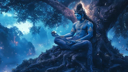 Divine blue deity meditating beneath luminous cosmic tree.
