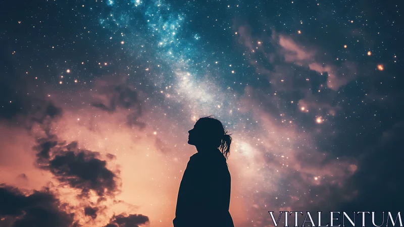 Silhouette dreamer listening to galaxies whispering above.