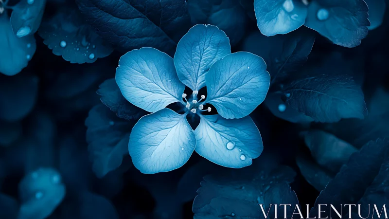 Blue Flower with Water Droplets in Dark Setting.
