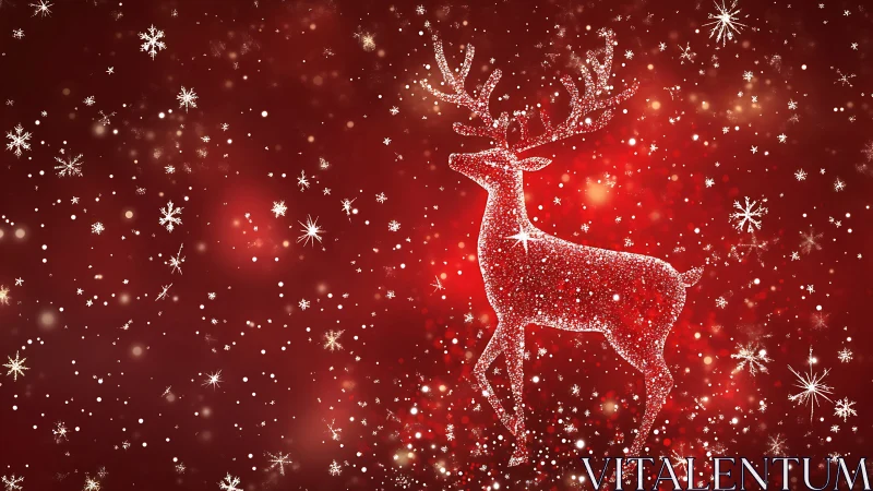 Glittering reindeer silhouette amid radiant red snowfall.