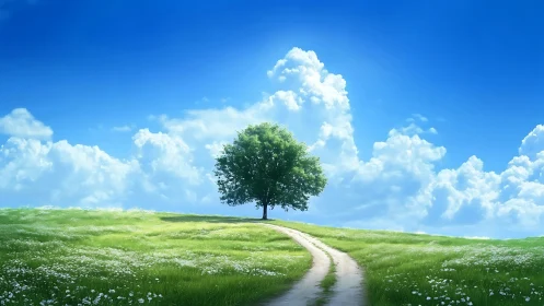 Solitary hilltop tree waits patiently where the sky bends