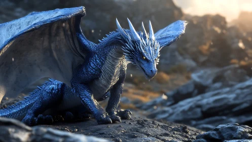 Regal blue dragon rests on rocky ridge at sunrise.