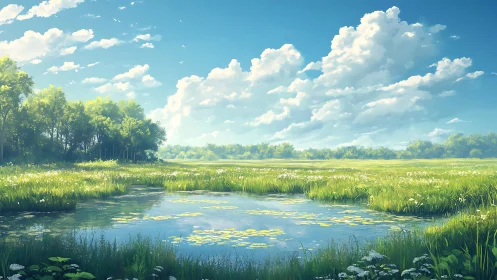 Bright summer wetland pond under wide clouded sky.