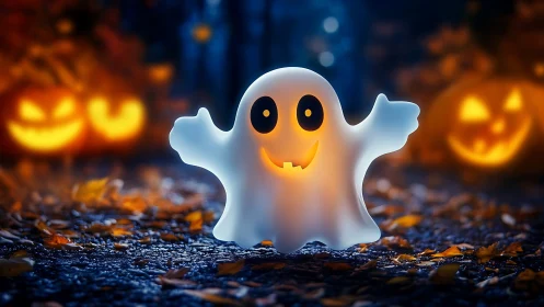 Glowing cartoon ghost smiles amid playful Halloween pumpkins