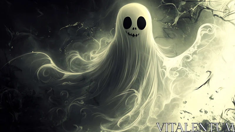 Whimsical spectral ghost drifting through swirling light clouds.