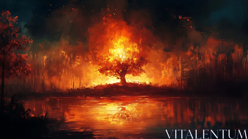 Infernal Arboreal Conflagration: Radiant Canopy Tree Engulfed in Luminescent Flame Emission