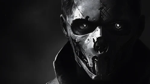 Half-human metal phantom stares from a fractured void.