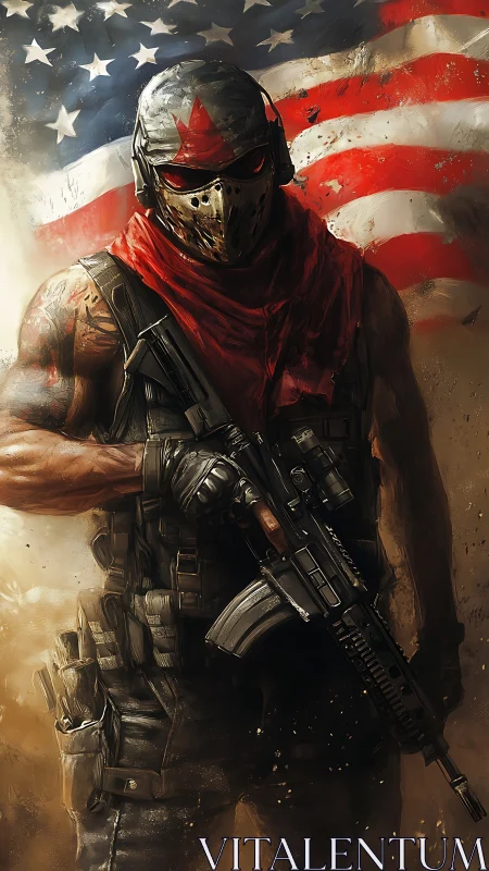 Masked tactical soldier stands before a battle-worn flag.