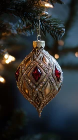 Ornate gold Christmas ornament with red jeweled inlays.