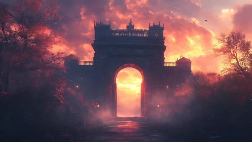 Sunset gateway arches over a misty enchanted forest path