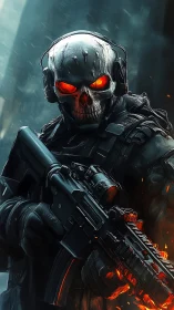 Skull-eyed guardian with blazing rifle in a stormy world.