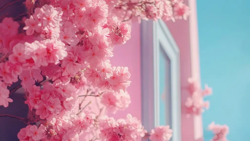 Pink flowering tree against architectural structure with clear sky