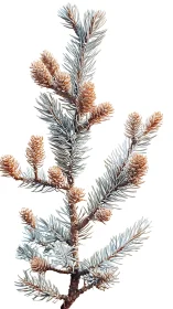 Evergreen conifer branch shows frosted needles and cones