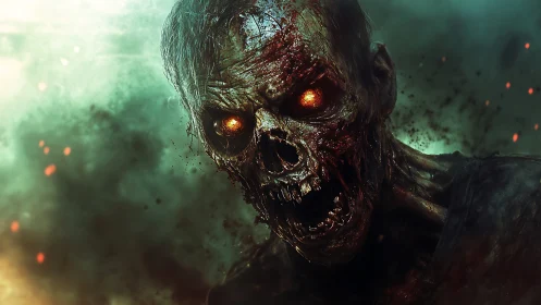 Burning eyed zombie head emerging from smoky gloom.