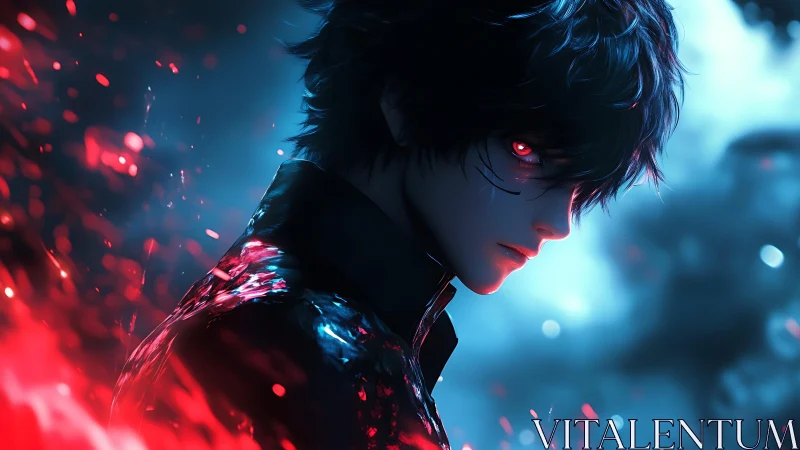 Dark-haired hero stands in glowing red and blue stormlight