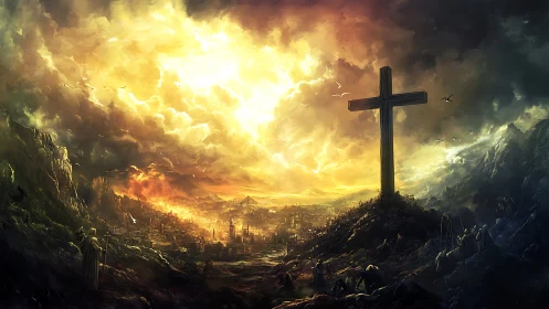 Large cross structure overlooks burning valley cityscape