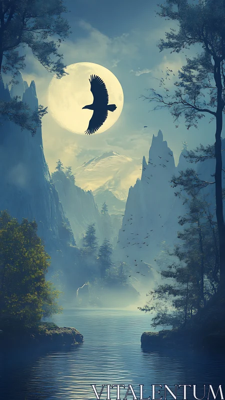 Silhouette of eagle crossing full moon above misty river